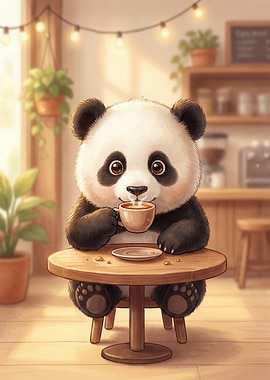 Panda Bear Drinking Coffee Illustration