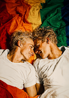 Romantic Gay Couple On Rainbow Flag