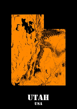 Utah USA State Minimalist Black Orange Topographic Contour Relief Map featuring terrain in orange color
