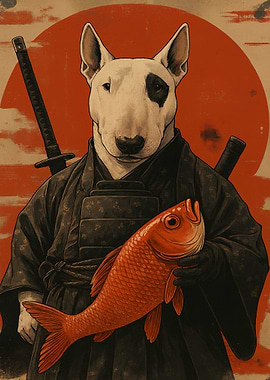 Bull Terrier Samurai with Koi Fish