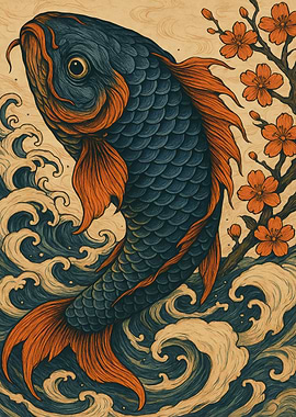Koi Fish with Cherry Blossoms Art
