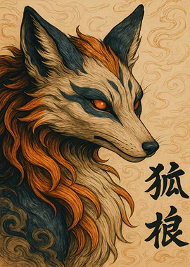 Fox with Japanese Calligraphy Art