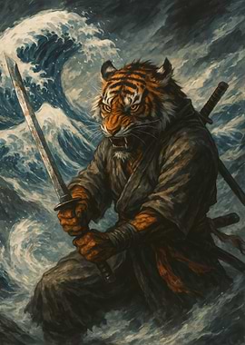 Tiger Samurai Warrior in Ocean Waves