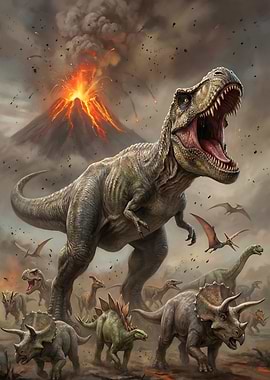 Roaring T-Rex with Volcano Eruption