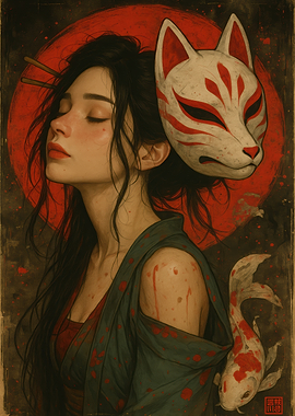 Japanese Woman with Kitsune Mask and Koi
