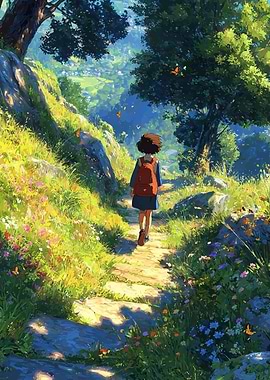 Girl Hiking on a Sunny Path
