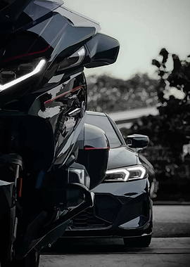 Motorcycle and Car in Dark Tones