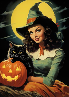 Vintage Halloween Witch with Black Cat
