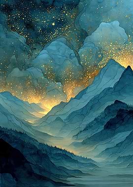 Watercolor Mountain Range with Starry Sky