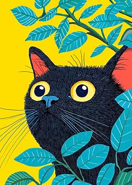 Black Cat with Leaves Illustration