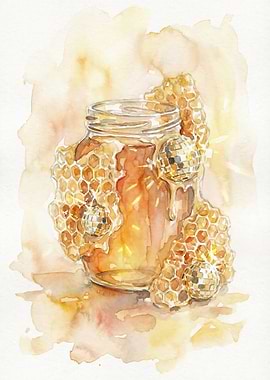 Honey Jar with Disco Balls Watercolor