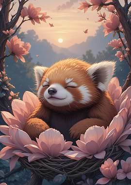 Sleeping Red Panda in Flower Nest