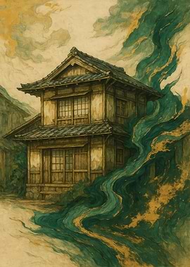 Japanese House with Green Flowing Stream