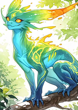 Watercolor Dragon Creature on Branch