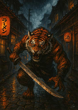 Tiger Samurai in Rainy Japanese Street