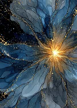 Abstract Blue and Gold Floral Burst