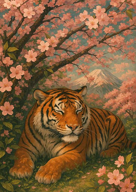 Tiger resting under cherry blossom tree