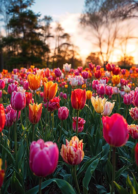 Colorful Tulip Field at Sunset