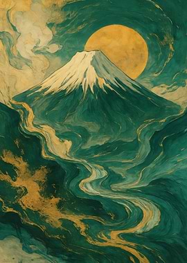 Mount Fuji Emerald and Gold Landscape