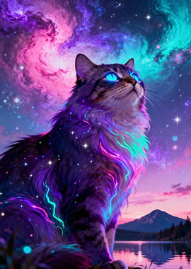 Cosmic Cat with Neon Aura