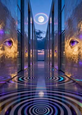 Surreal Hallway with Eyes and Moon