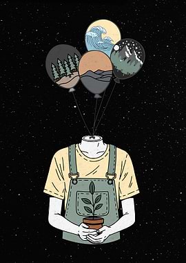 Headless Figure with Landscape Balloons