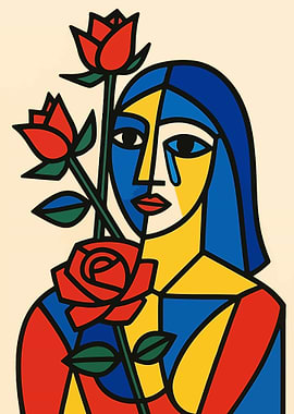 Picasso Style Cubist Woman with Red Roses