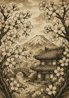 Japanese Landscape with Cherry Blossoms