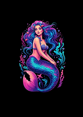 Colorful Mermaid Illustration on Black Background