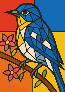 Picasso Style Cubist Mosaic Blue Bird