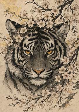 Tiger with Cherry Blossoms Illustration
