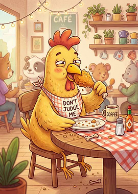 Chicken Eating Fried Chicken in Cafe