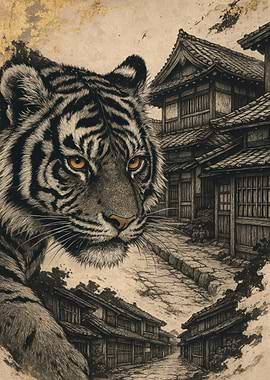 Tiger in Japanese Village Art