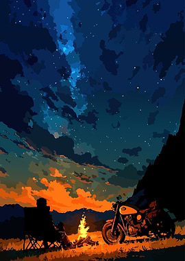Motorcycle Camping Under Starry Night