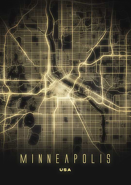 Minneapolis, USA - Radiant Night City Map Poster, Modern Street Wall Art