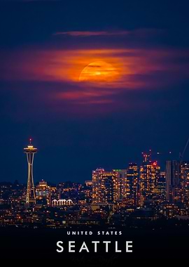 Seattle Skyline at Night with Moon