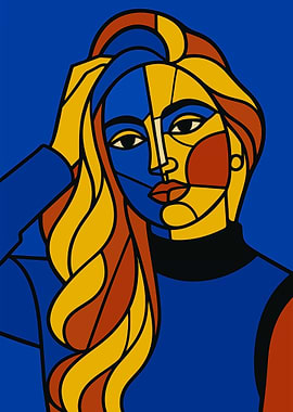 Picasso Style Cubist Woman with Wavy Hair and Turtleneck