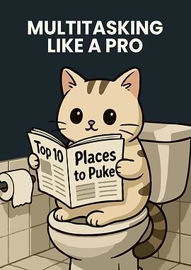 Multitasking Cat Reading on Toilet Art
