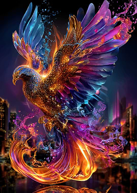 Colorful Phoenix Rising Over Cityscape