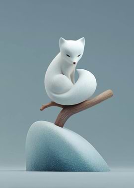 Arctic Fox on Branch Sculpture