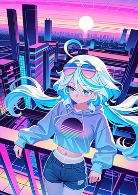 Anime Girl in Synthwave Cityscape