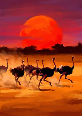 Ostriches Running at Sunset