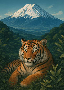 Resting Tiger with Mountain Backdrop