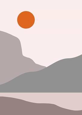 Minimalist Landscape with Sun and Mountains
