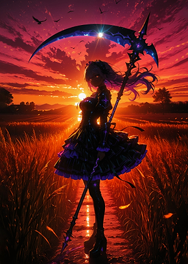Anime Girl with Scythe at Sunset