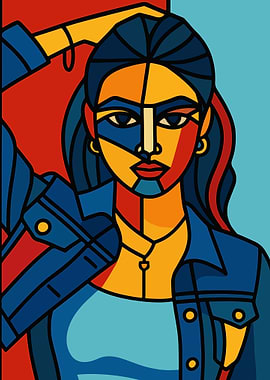 Picasso Style Cubist Woman in Denim Jacket
