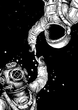 Astronauts Reaching in Space Black and White