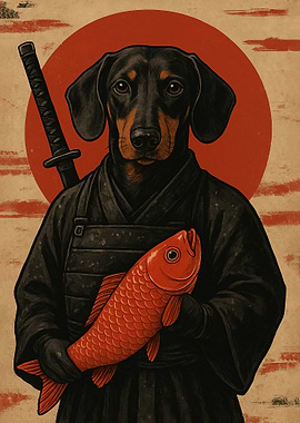 Dachshund Samurai with Fish