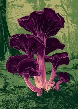 Purple Mushrooms in Forest Illustration