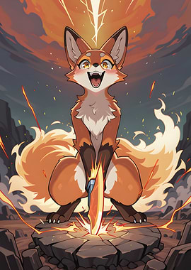 Cartoon Fox with Flaming Sword